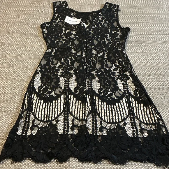 Chic Black Lace Midi Dress with cream lining - Picture 2 of 4